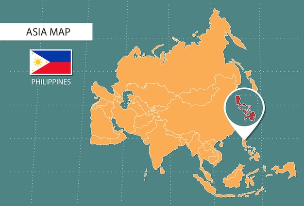 Philippines Map In Asia Icons Showing Philippines Location And Flags Philippines Map In Asia Icons Showing Philippines Location And Flags